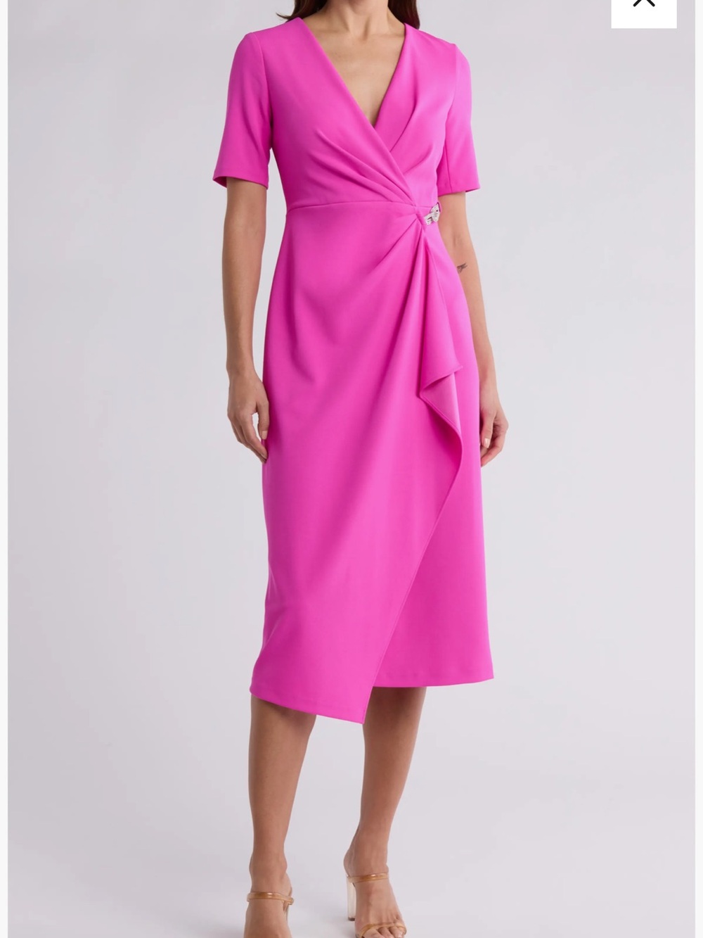 DKNY Ruched Vibrant Hot Pink Wrap-Style Midi Dress With Embellished Side Details